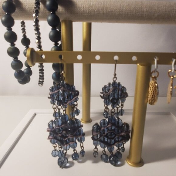 Felt Back Pearl Beaded Bow Baby Foot Dangle Earrings  Blue Ribbon and Bead Dangle Earrings